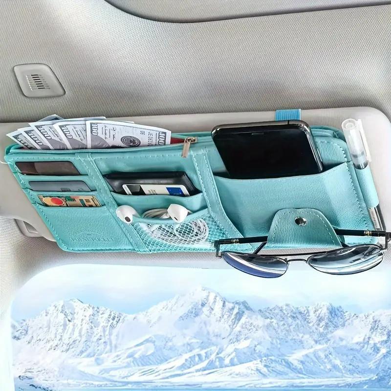 Blue Premium Leather Car Sun Visor Organizer - Secure Zippered Storage Pouch with Card, Document & Eyewear Clip
