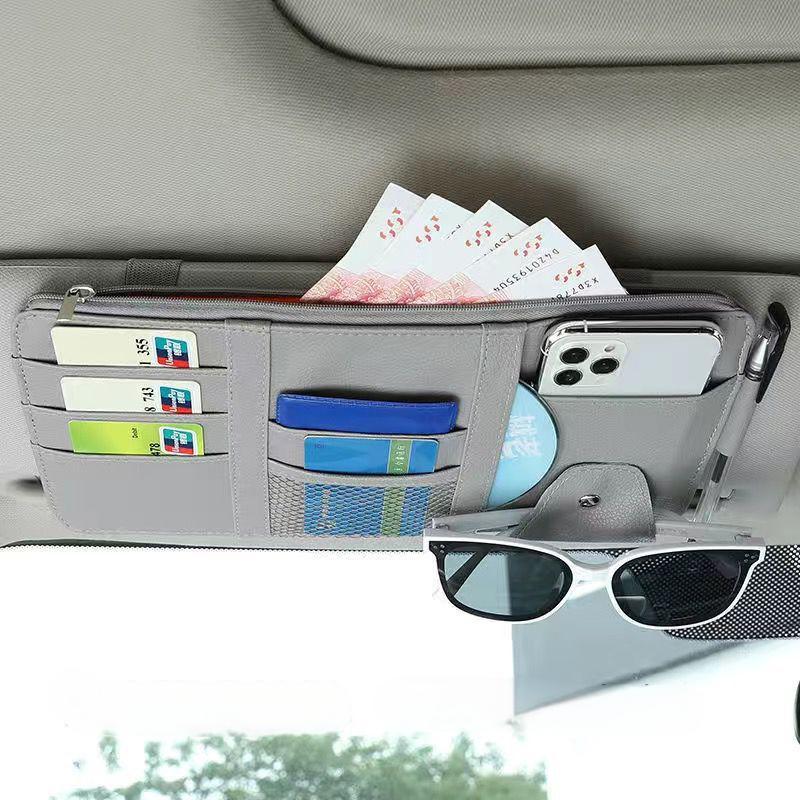 Grey Premium Leather Car Sun Visor Organizer - Secure Zippered Storage Pouch with Card, Document & Eyewear Clip