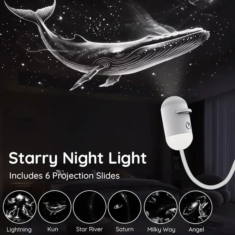 Portable USB Galaxy Night Light Projector with 6 Projection Films - Touch-Controlled Rotating Starry Sky Lamp for Bedroom, Nursery and Car
