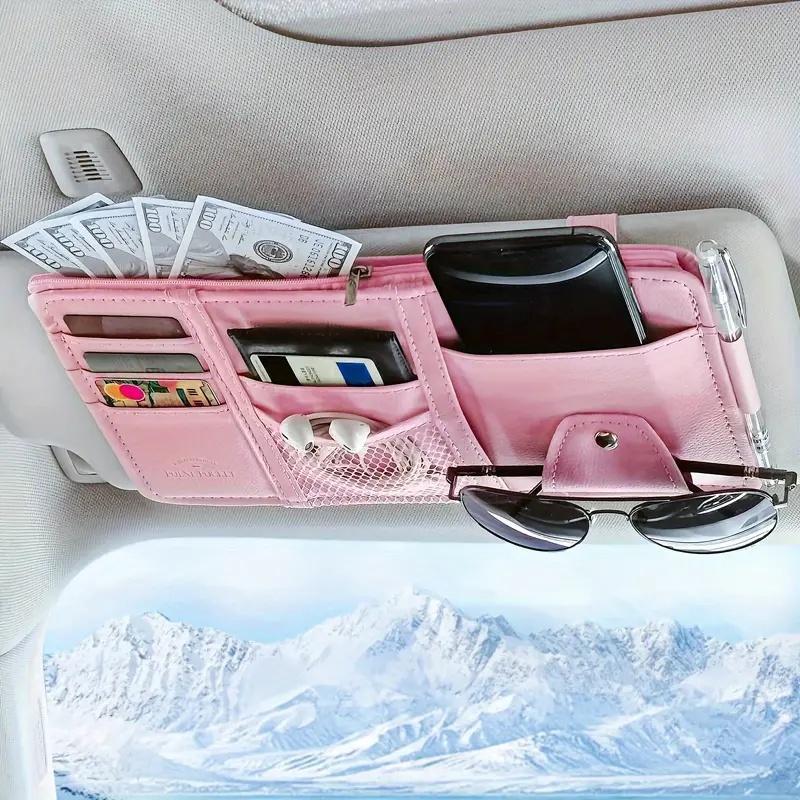 Pink Premium Leather Car Sun Visor Organizer - Secure Zippered Storage Pouch with Card, Document & Eyewear Clip